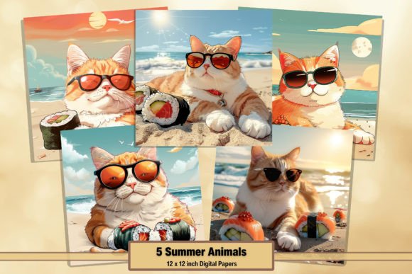 Download Summer Cats Sushi Digital Papers Pack 61 - Digital papers pack Collection